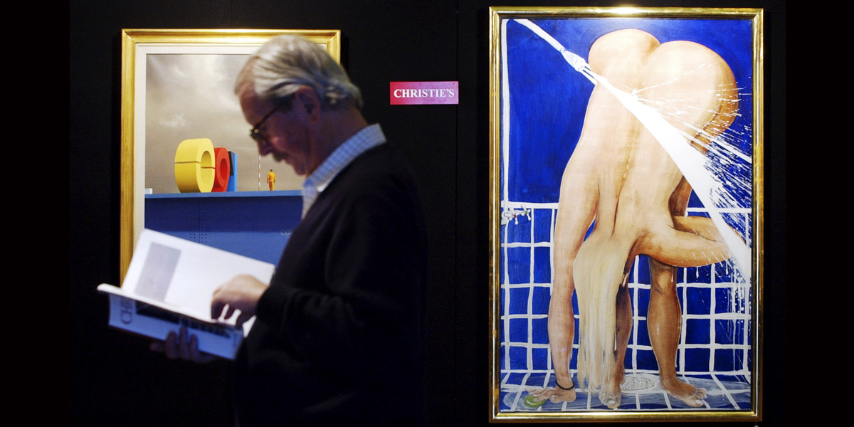 Jeffery Smart's 'Near Pisa Airport' and Brett Whiteley's 'Arkie Under the Shower' at an auction. 