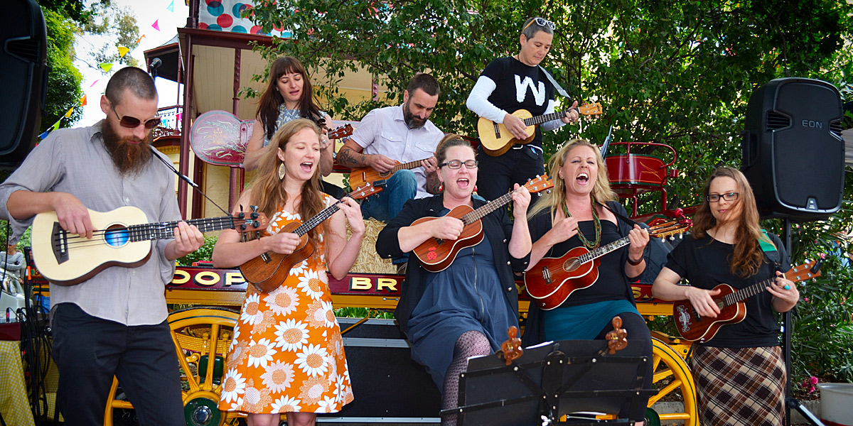 The Wheatsheaf Ukulele Collective in action. Photo: John Terantino/courtesy Adelaide Fringe