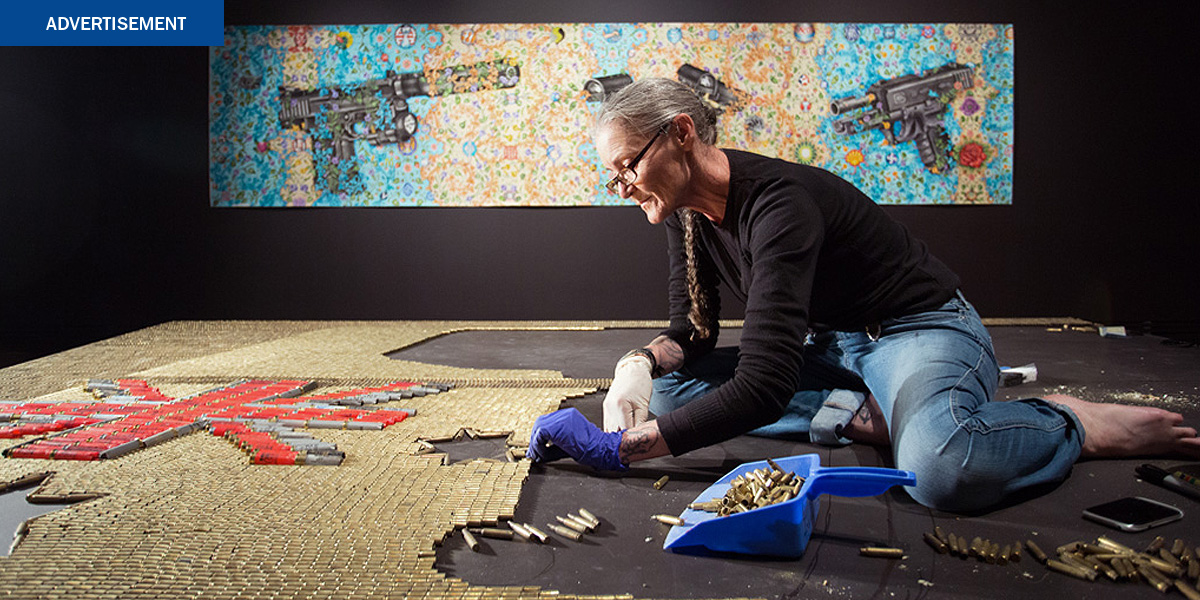 2014 Adelaide Biennial of Australian Art: Dark Heart artist eX de Medici installing her work <em>The Law</em>, 2013, Art Gallery of South Australia