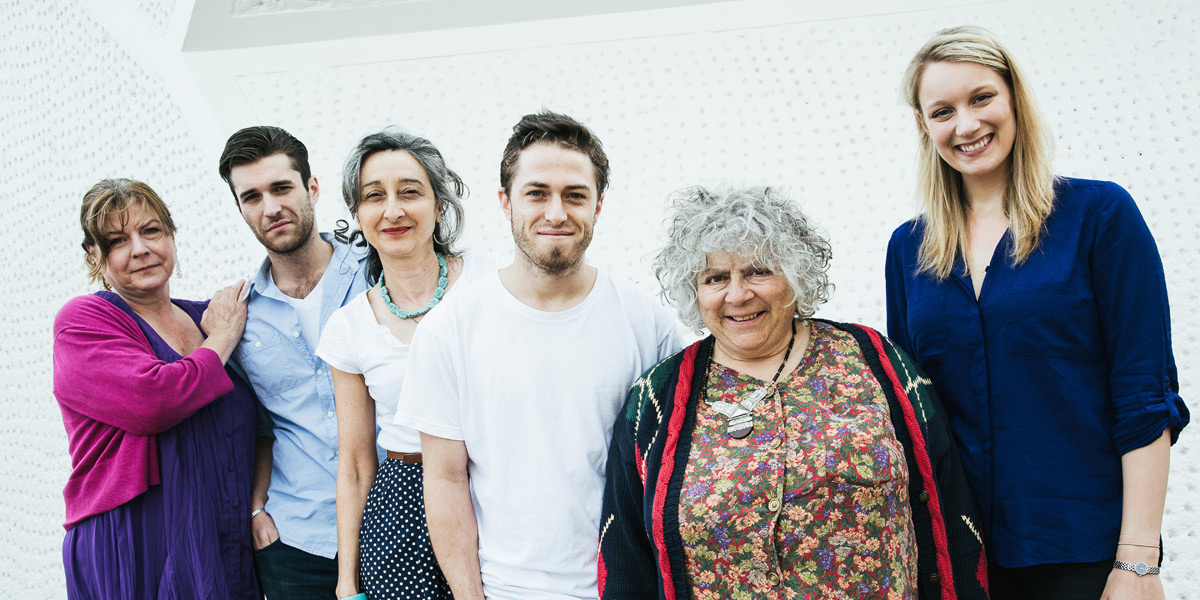 Neighbourhood Watch cast members Carmel Johnson, Nic English, Eugenia Fragos, James Smith, Miriam Margolyes and Eleanor Stankiewicz. Photo: James Hartley
