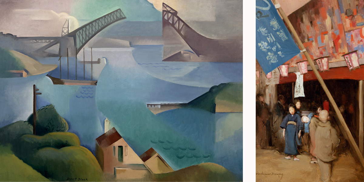 Dorrit Black’s The Bridge and Mortimer Menpes' Japanese street scene (full captions below).