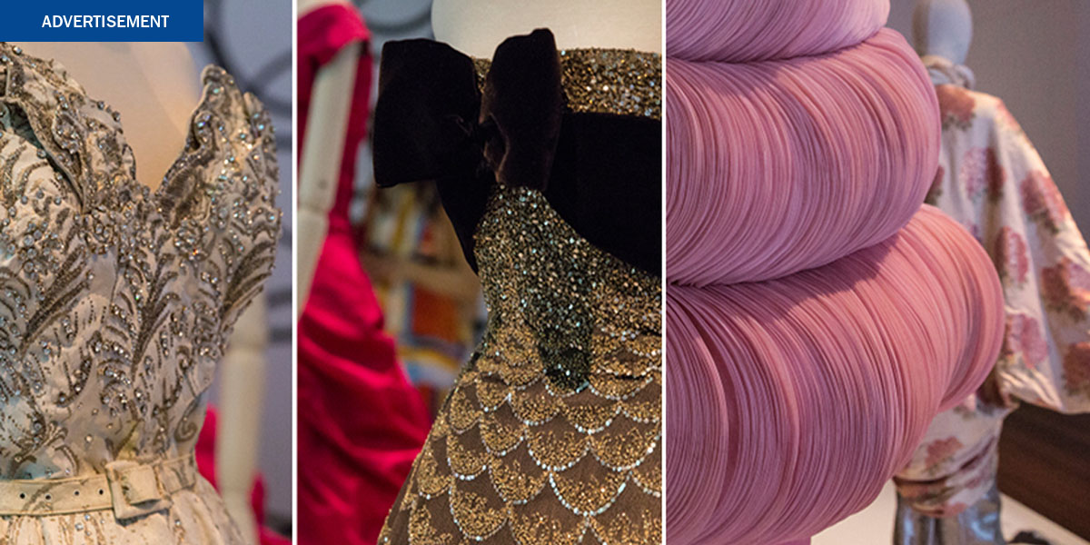 From left Detail Balmain evening dress 1954, Dior evening gown 1951 and Valentino evening ensemble 2007
