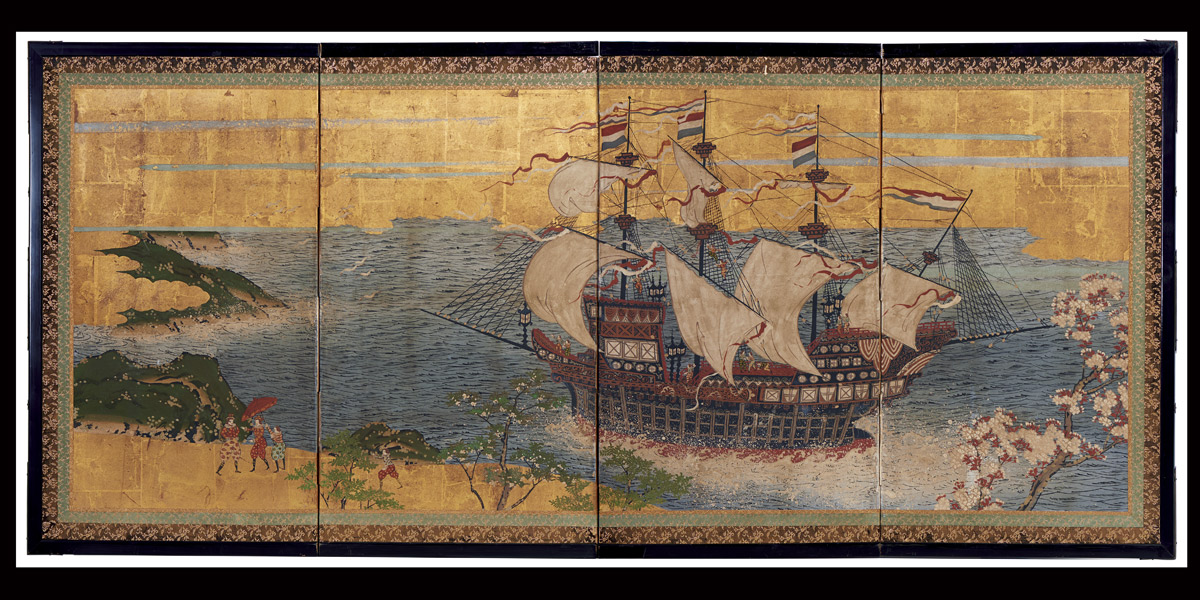 Japan, Dutch trading ship in Japanese waters, c.1870, four-panel screen, opaque watercolour, ink and gold on paper, 67.5 x 138.0 x 11.0 cm; Kerry Stokes Collection, Perth.