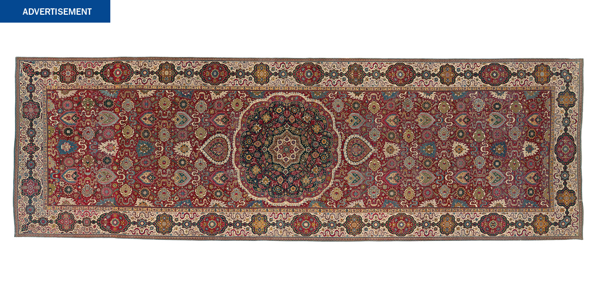 India–Spain, Trinitarias carpet, early–mid-17th century, northern India, found in Madrid, Spain, wool pile, cotton warp and weft, 1044.0 x 336.5 cm; Felton Bequest 1959, National Gallery of Victoria, Melbourne , NGV 91–D5