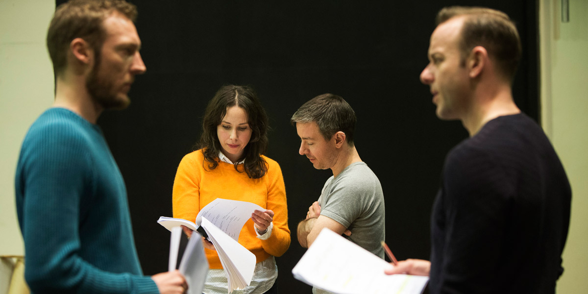 Nathan O'Keefe, Alison Bell, Geordie Brookman and Mark Saturno in rehearsal for the State Theatre Company production of Betrayal. Photo: Shane Reid