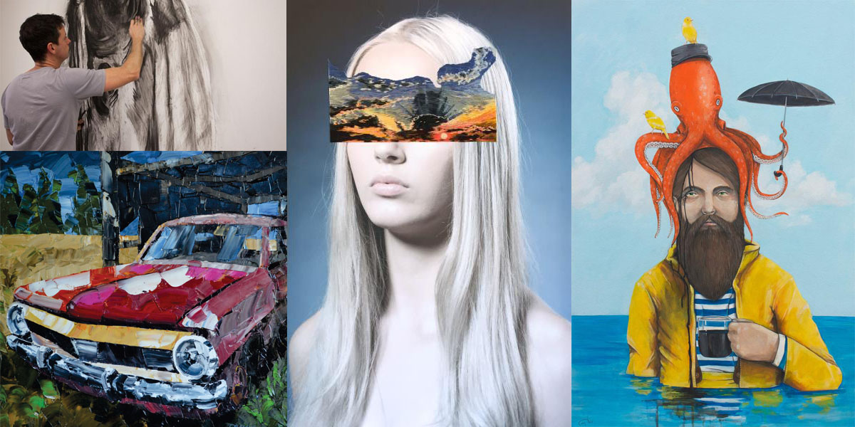 Works (clockwise from bottom left) by SALA artists Paul Mahoney, Luke Thurgate, Emma Hack and Corey Dodd. Exhibition details at bottom of article. 