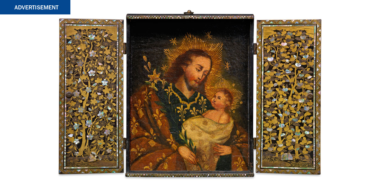 Japan, Portable altarpiece, with devotional image, late 16th–early 17th centuries, wood, urushi lacquer, gold lacquer, mother-of-pearl and gilt copper (fittings), pigment on wood (painting), 37.5 x 29.2 x 5.1 cm; Museu do Oriente/Fundação Oriente, Lisbon, Portugal, FO/0636. photo: Hugo Maertens/BNP Paribas