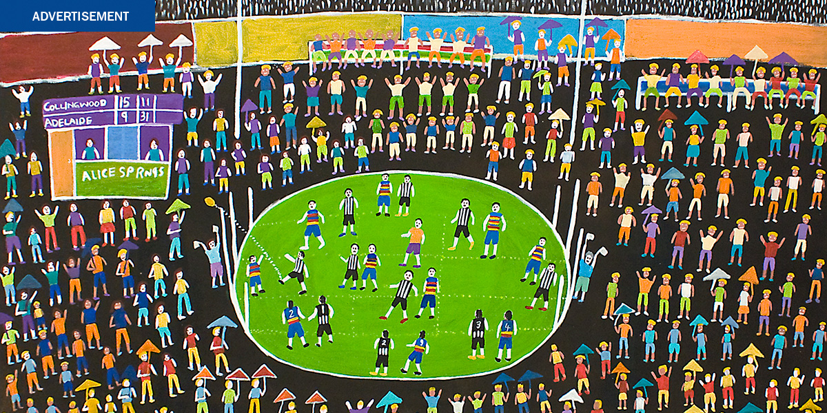 Josie Kunoth Petyarre - Anmatyerre people, Northern Territory | Football Alice Springs, 2014 | Synthetic polymer paint on linen. Image courtesy of the artist and Mossenson Galleries