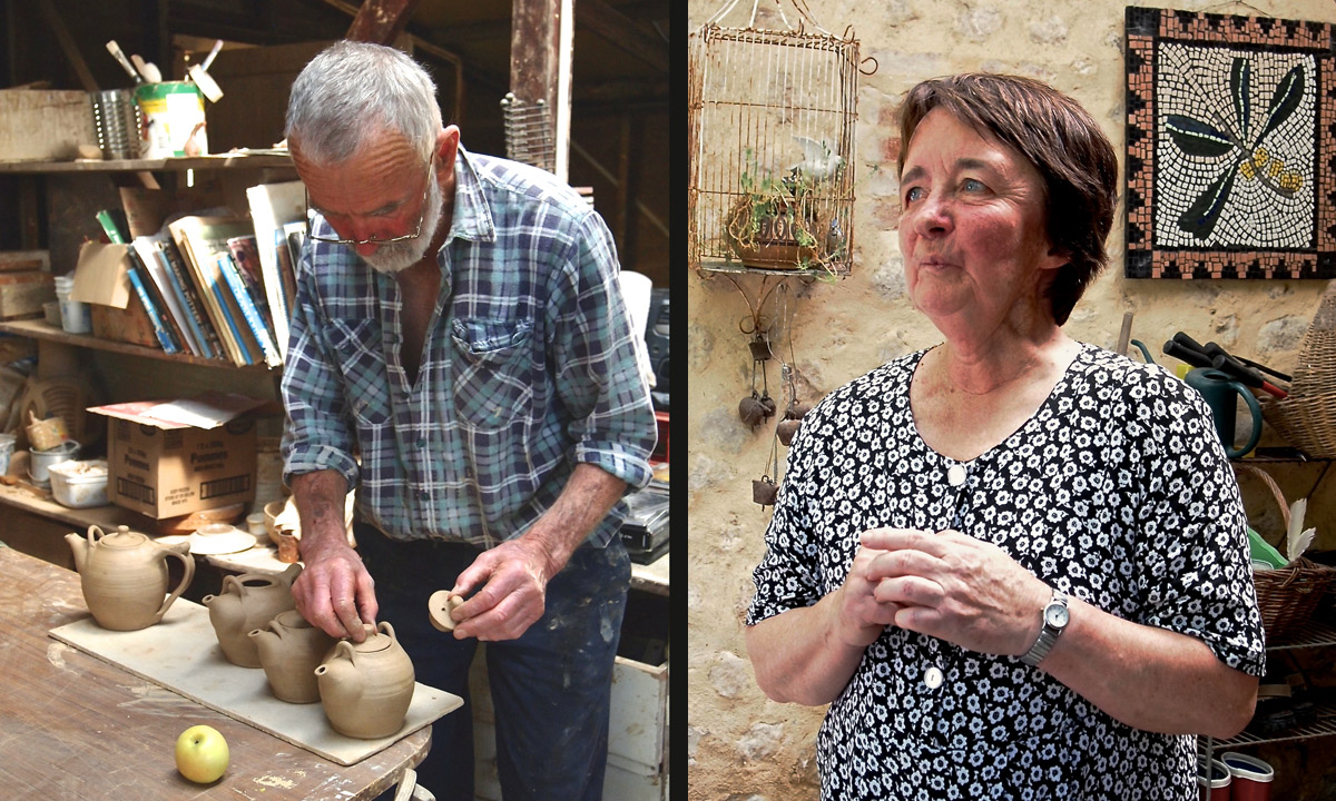 Mark Pearse working as potter  and Jill Pearse in front of one of her mosaics. Photos: Sue Hanckel