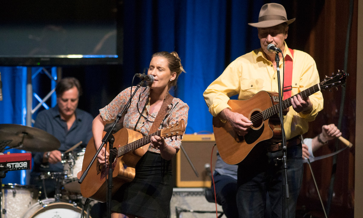 Laura Hills performs with Evan Jones at the Yesterday's Heroes launch. Photo: Peter Tea
