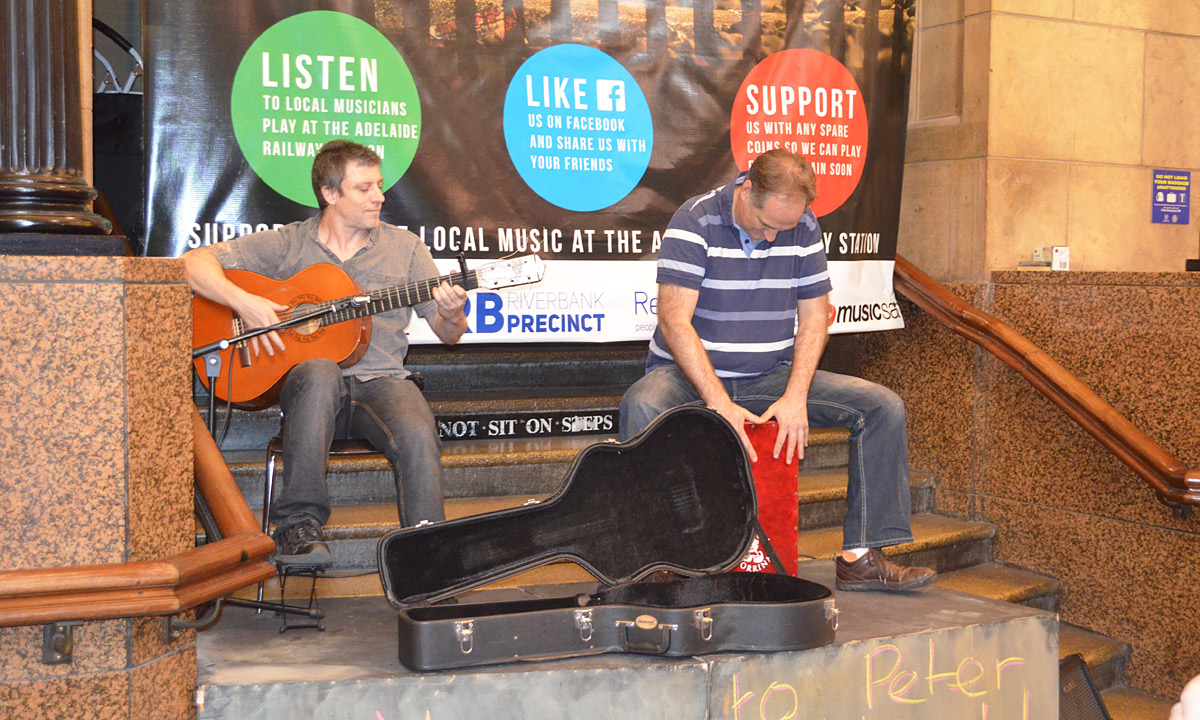 Marduk Gault and Peter Fernee performing at Adelaide Railway Station. Photo: Wisha Smith