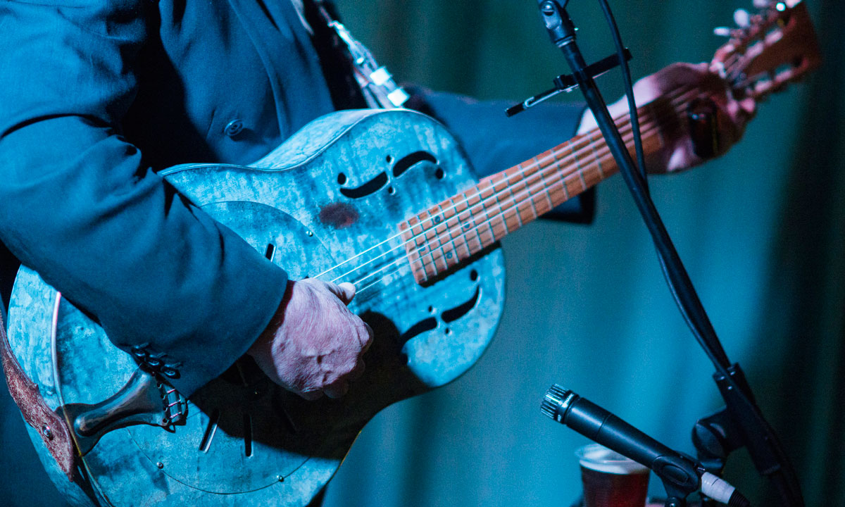 Don Morrison's self-made DonMo guitar, made from galvanised iron and timber. Photo: Peter Tea 