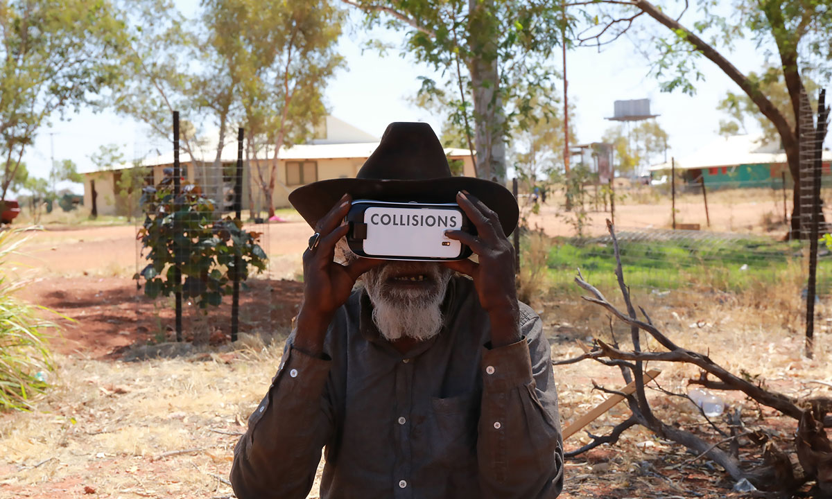 Nyarri Nyarri Morgan wearing a virtual-reality headset. Photo: Peter Brundle