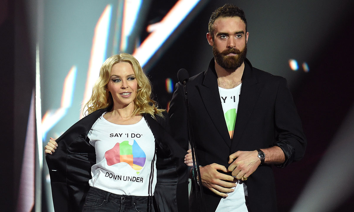 Kylie Minogue and fiance fiance Joshua Sasse at the ARIA awards. Photo: AAP