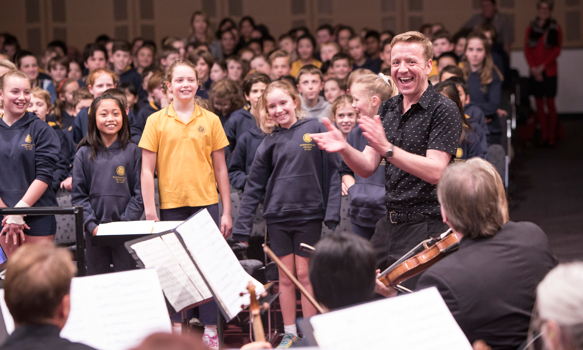 Composer and music educator Paul Rissmann with young musicians.