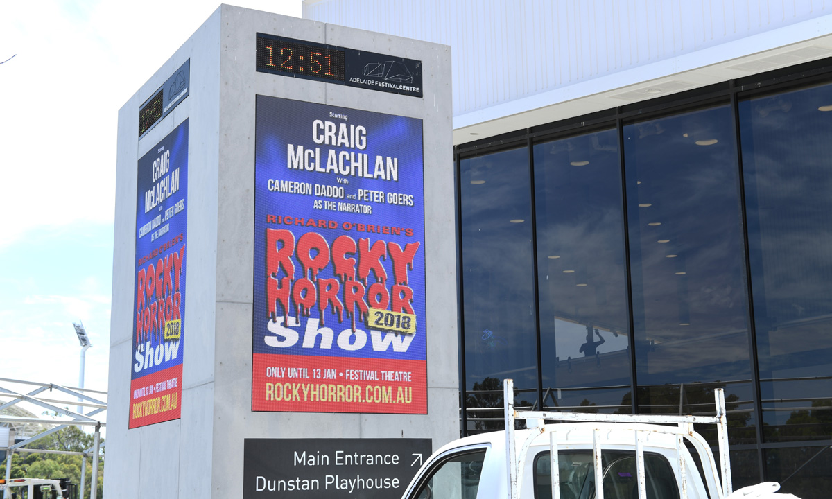 A Rocky Horror Show poster outside the Adelaide Festival Centre. Photo: Mark Brake / AAP