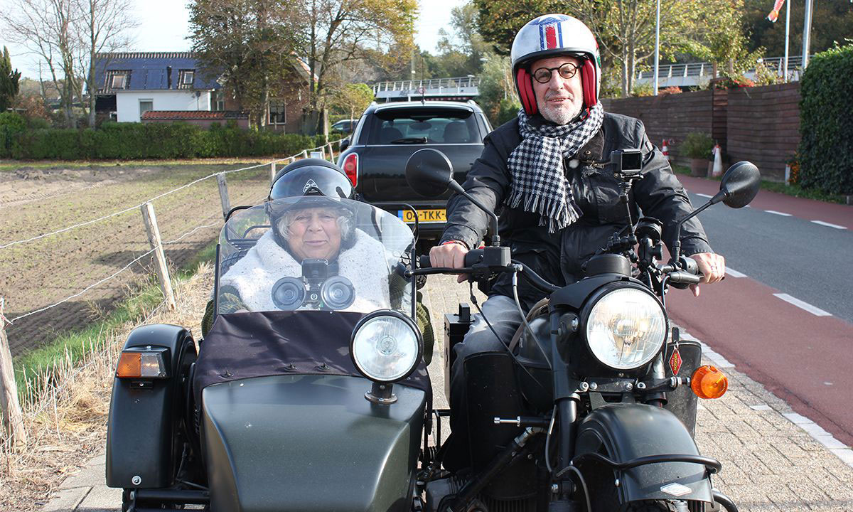 Miriam Margolyes takes a ride in a sidecar with Dr Philip Nitschke - aka Dr Death.