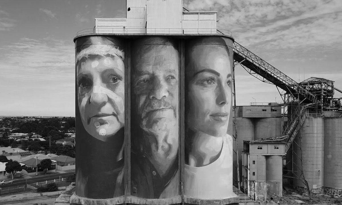 The cement works silos have been transformed by street artist Rone.