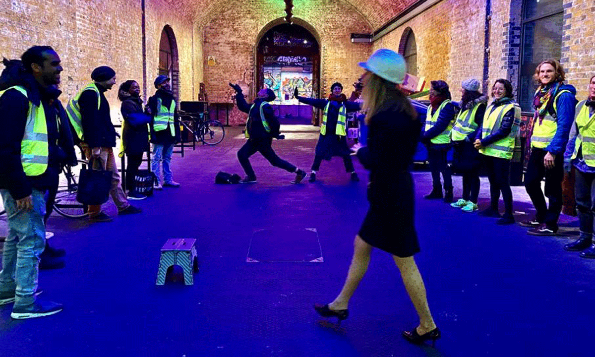 Frankie Foxstone AKA The Profit leads a walking tour at the Vault Festival in London.