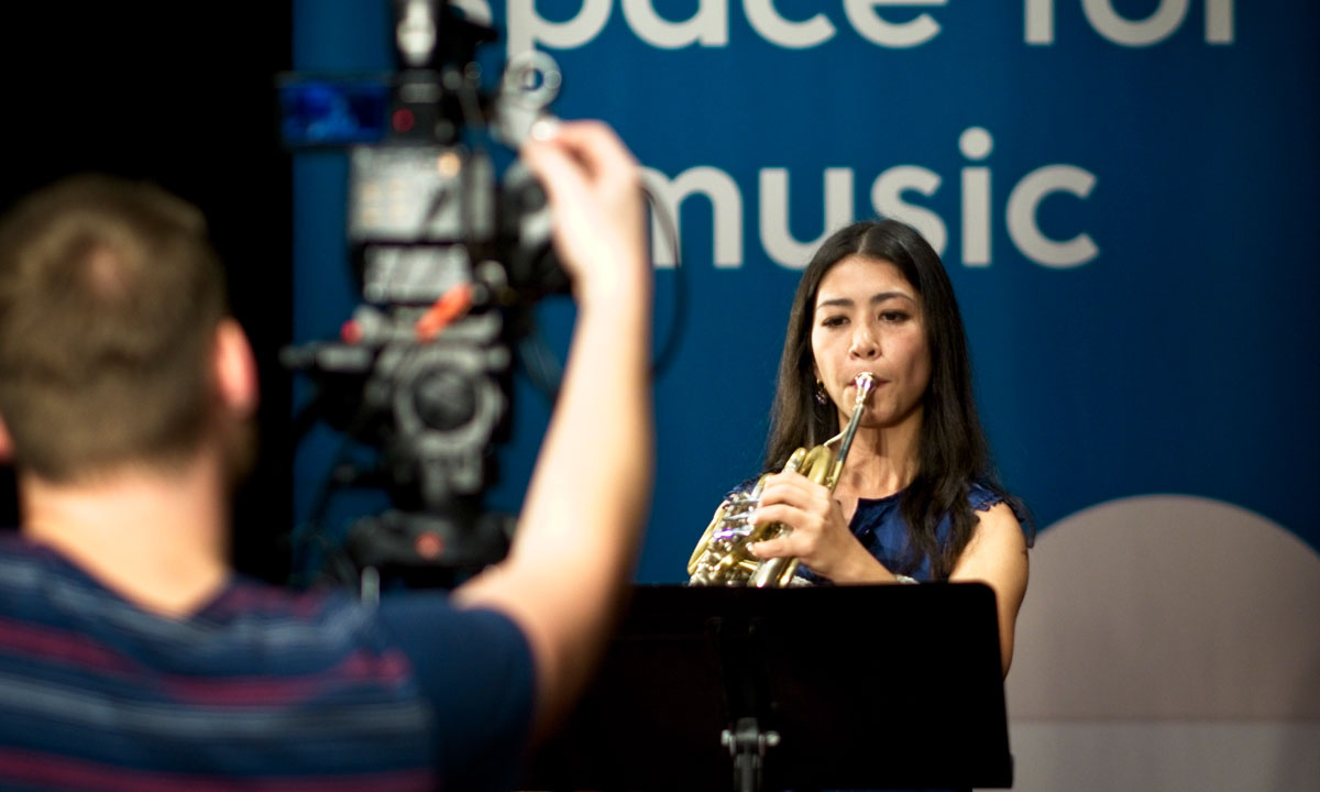 ASO horn player Emma Gregan during filming for the Virtual Concert Hall.