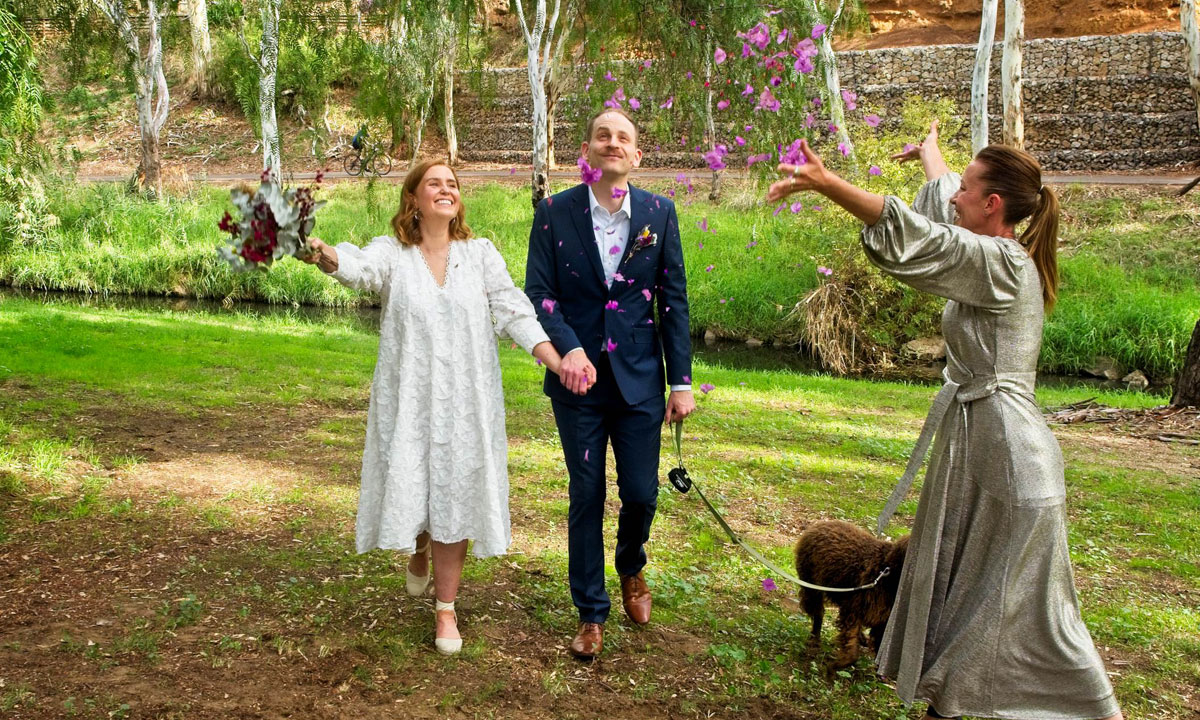 Cellist Ewen Bramble and his partner Morgan at their wedding last month.