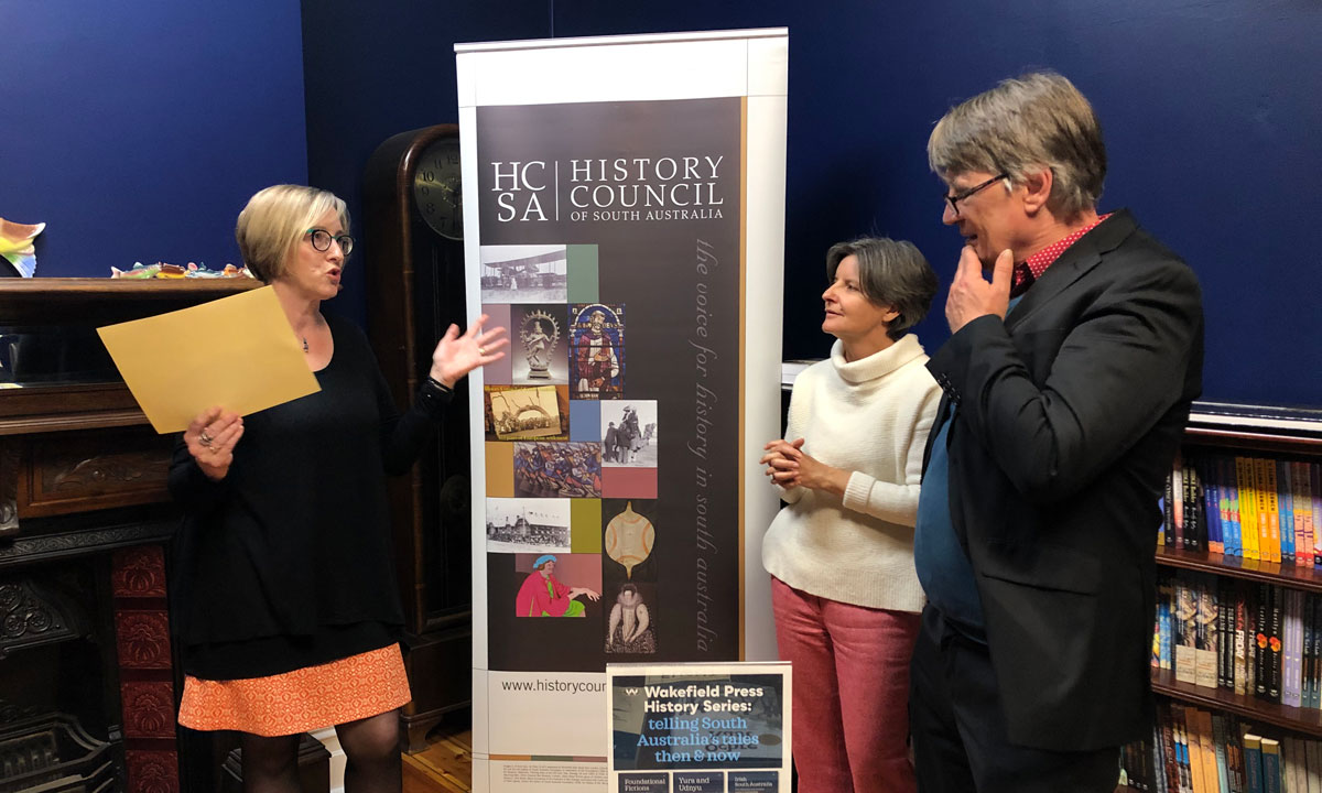 Susan Arthure with Skye Krichauff and Michael Bollen at the Wakefield Press event celebrating her best history essay prize win. Photo: Kristy Kokegei