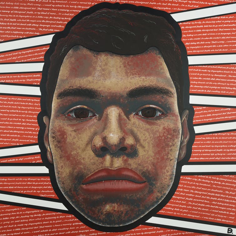 Archibald Prize 2020 finalist Blak Douglas (aka Adam Hill): 'Writing in the sand', synthetic polymer paint on canvas, 250 x 250cm © the artist.
Photo: AGNSW, Felicity Jenkins