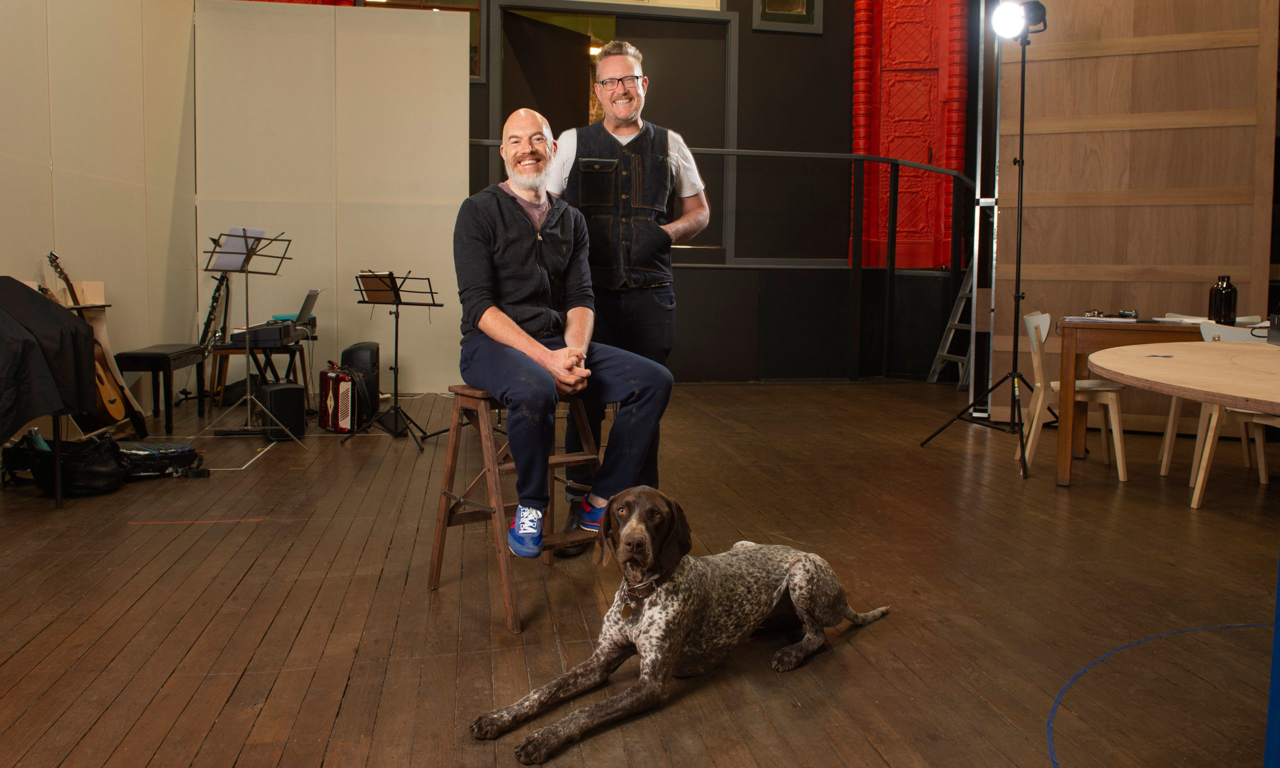Actor Bryan Burroughs and director Andy Packer with Slingsby's office dog, Pigeon. Photo: Andy Rasheed