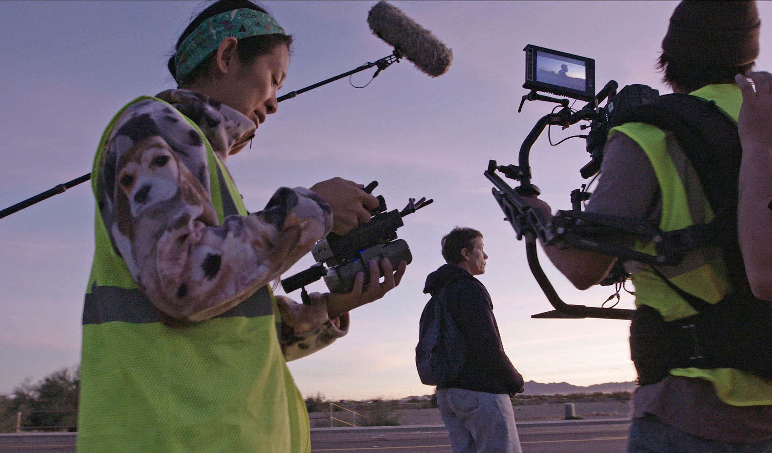 Writer-director Chloé Zhao and Frances McDormand on the set of Nomadland. Photo: Searchlight Pictures / AP