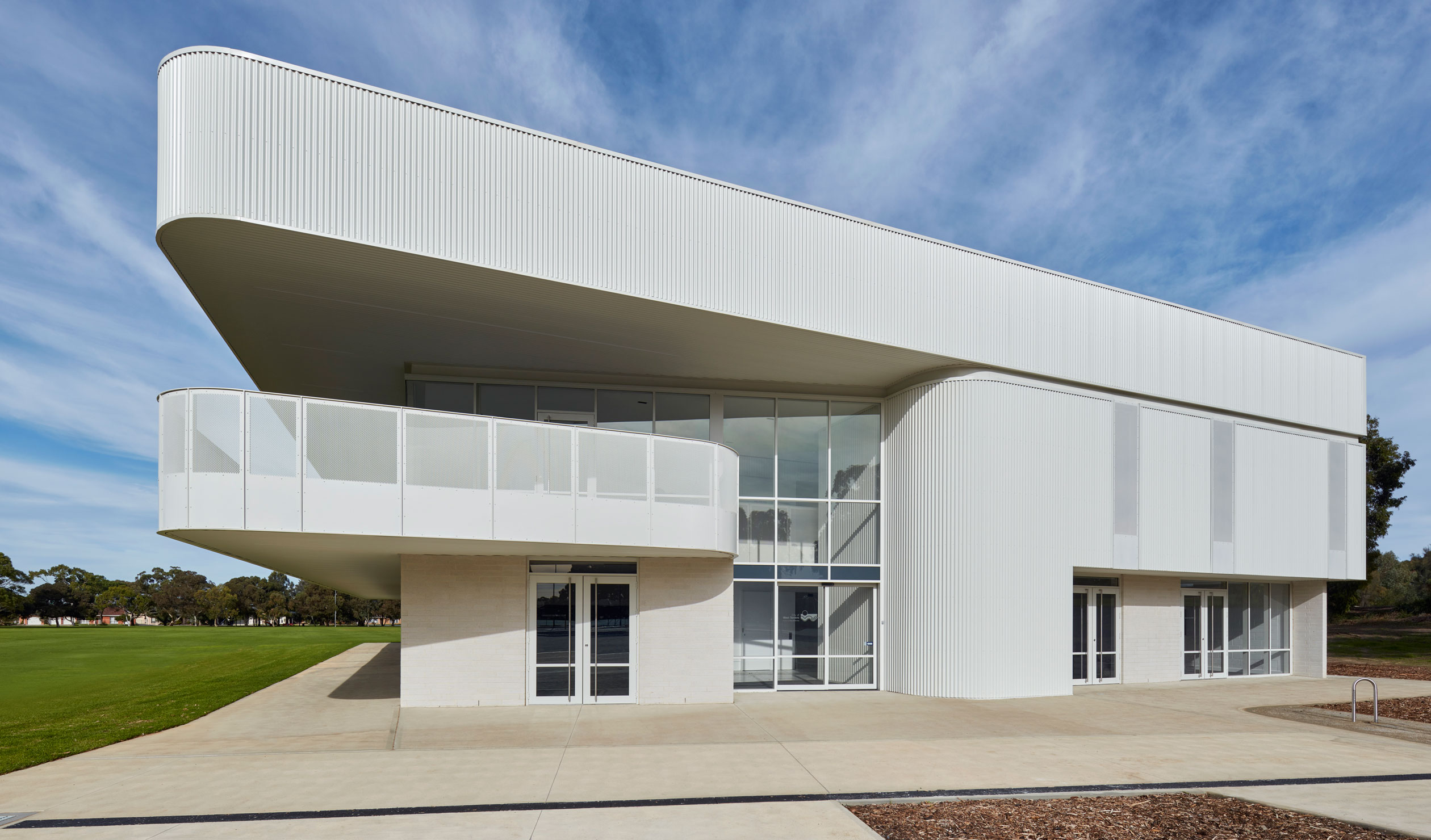 The white sculptural forms of the Lockleys Oval Redevelopment by Walter Brooke & Associates are a standout in the public architecture category. Photo: Sam Noonan
