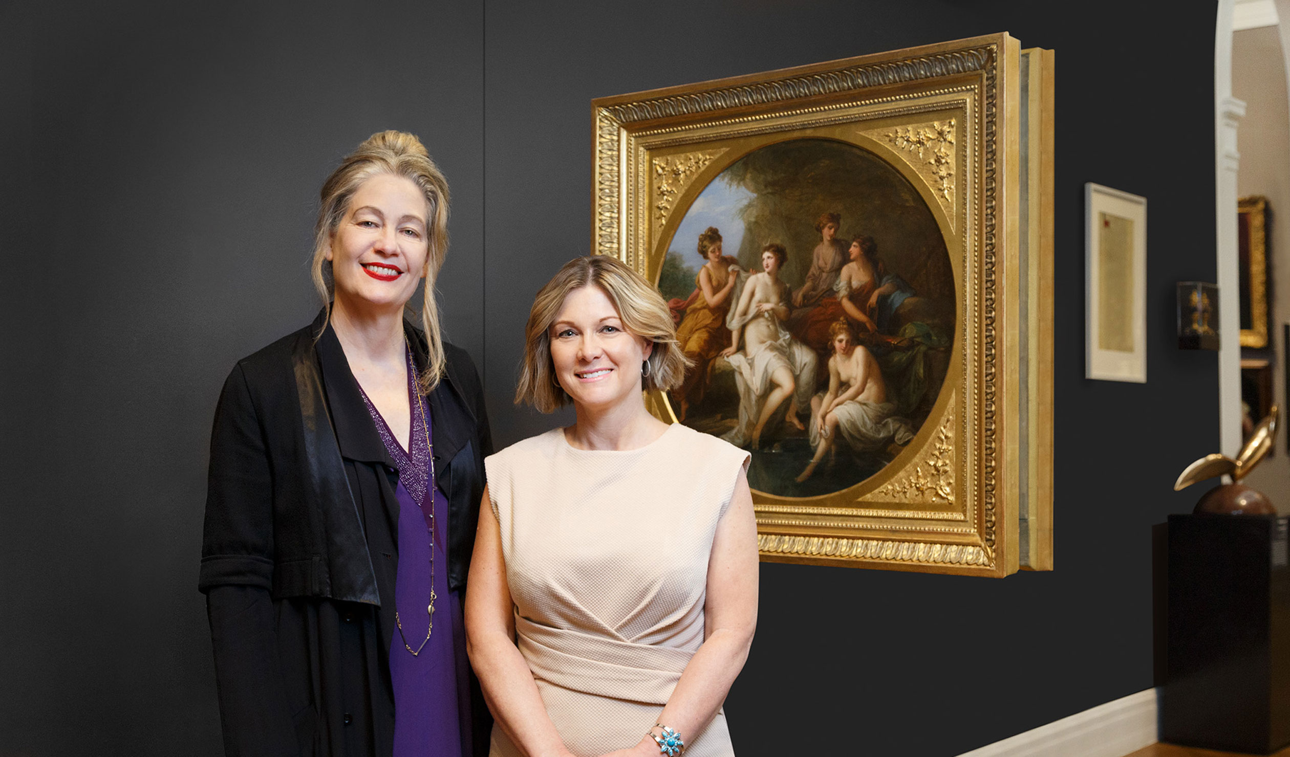 Rhana Devenport and Kerry de Lorme, executive director of the James & Diana Ramsay Foundation, with Angelica Kauffmann's 'Diana and her nymphs bathing', which was purchased through the foundation's generosity. Photo: Saul Steed