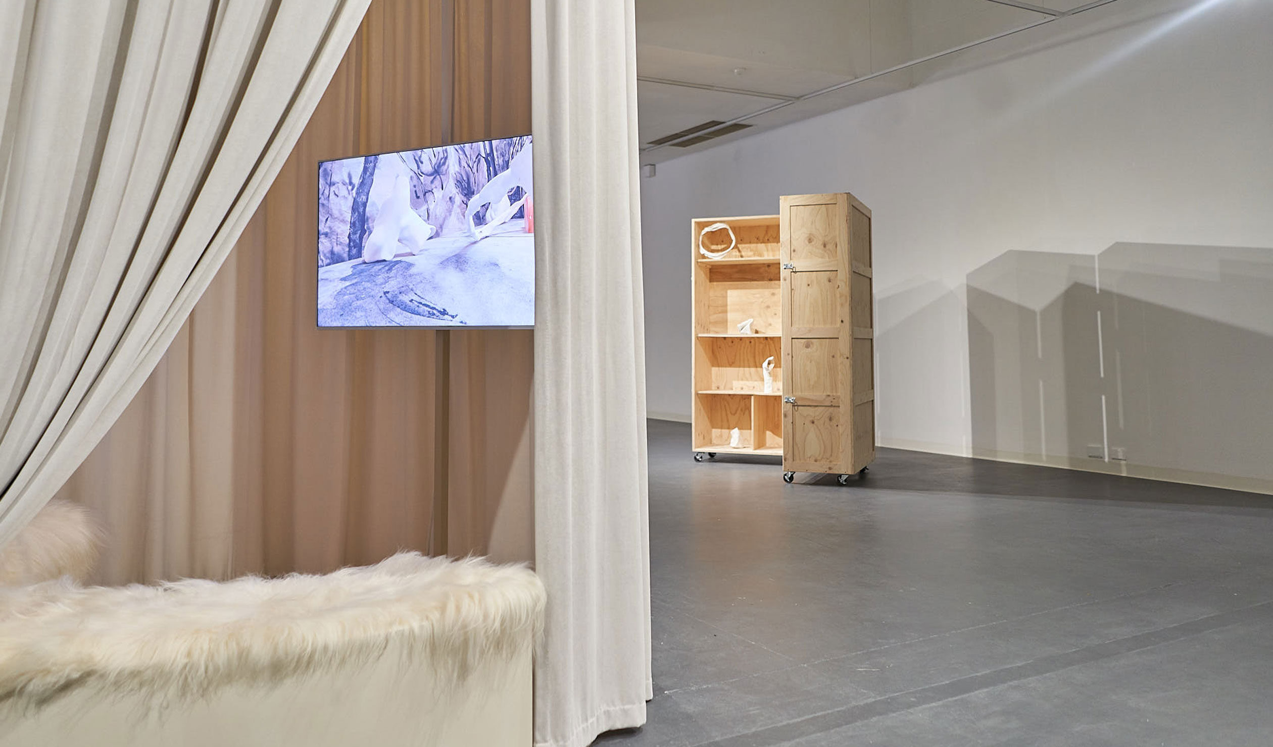 Bridget Currie's 'Message from the meadow', at ACE Open, incorporates sculpture, furniture, film, and sound. Photo: Sam Roberts
