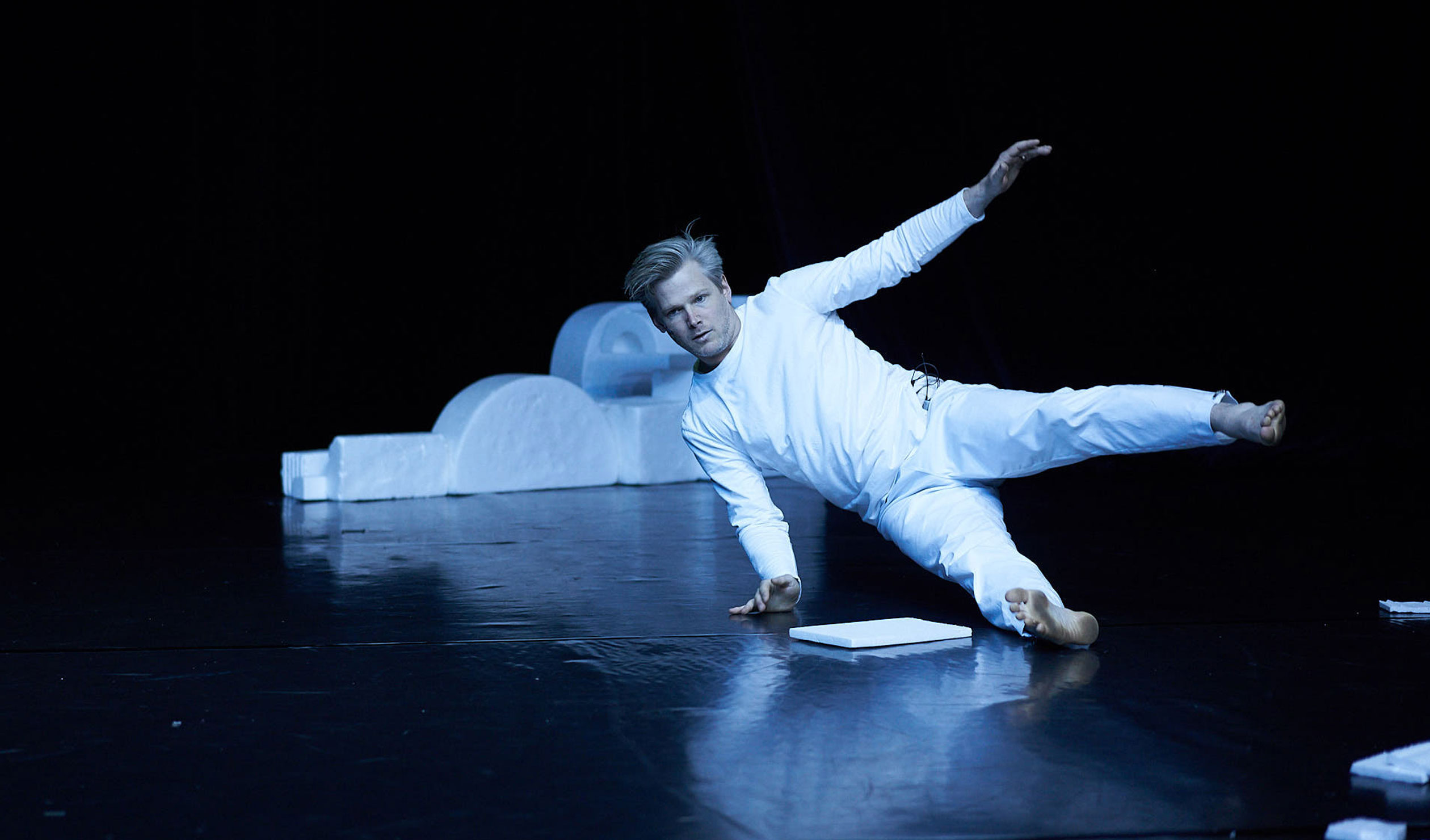 Alisdair Macindoe performs during dress rehearsals for 'Progress Report', which is being presented at Waterside in Port Adelaide this week. Photo: Sam Roberts