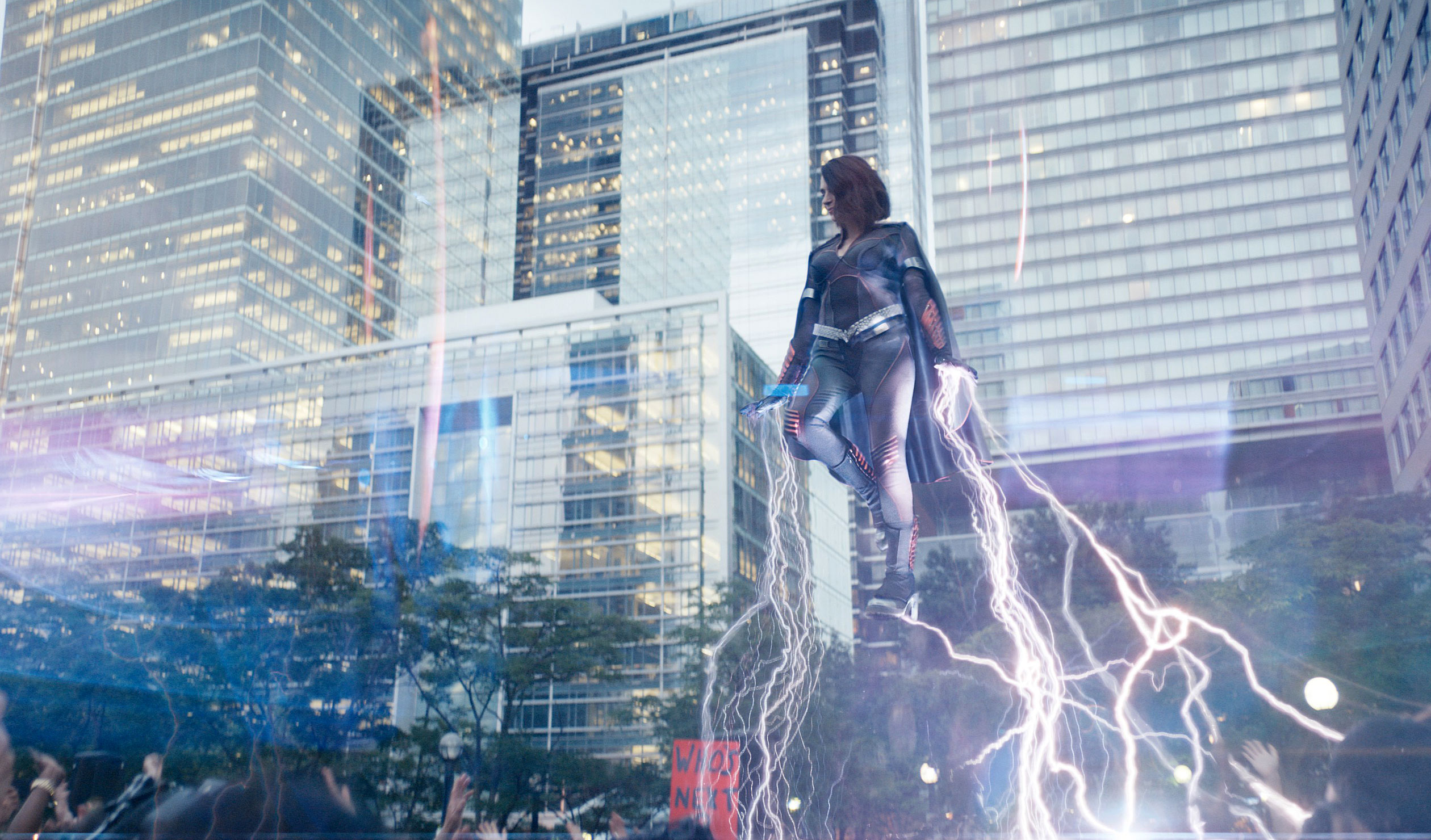 The Boys' superhero Stormfront has the ability to discharge burning energy (purple plasma) from her hands. Photo: Rising Sun Pictures / Sony Pictures Television