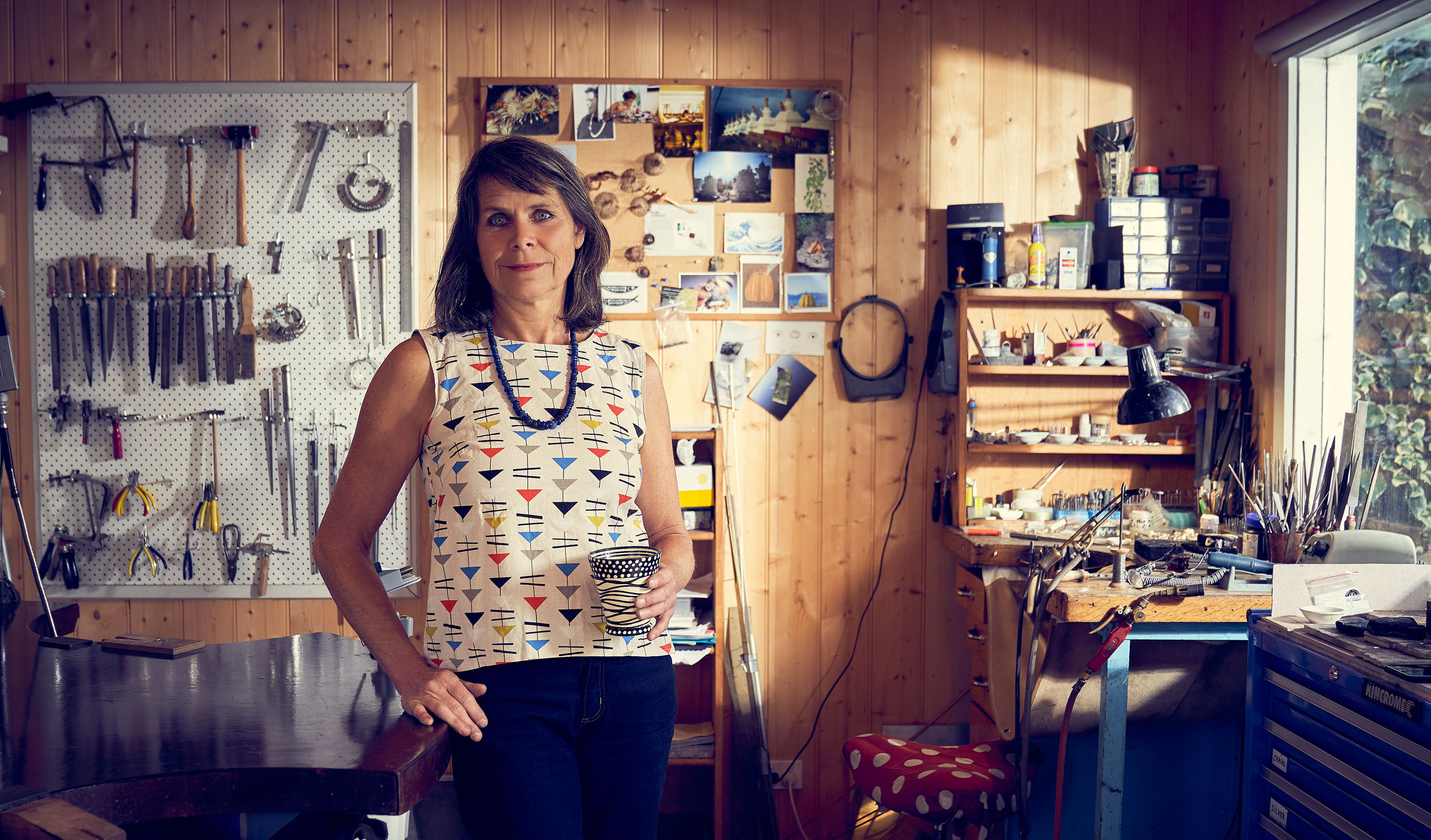 Regine Schwarzer's studio – a converted garage in her Bridgewater backyard – is lined with tools and materials she has accrued. Photo: Aubrey Jonsson