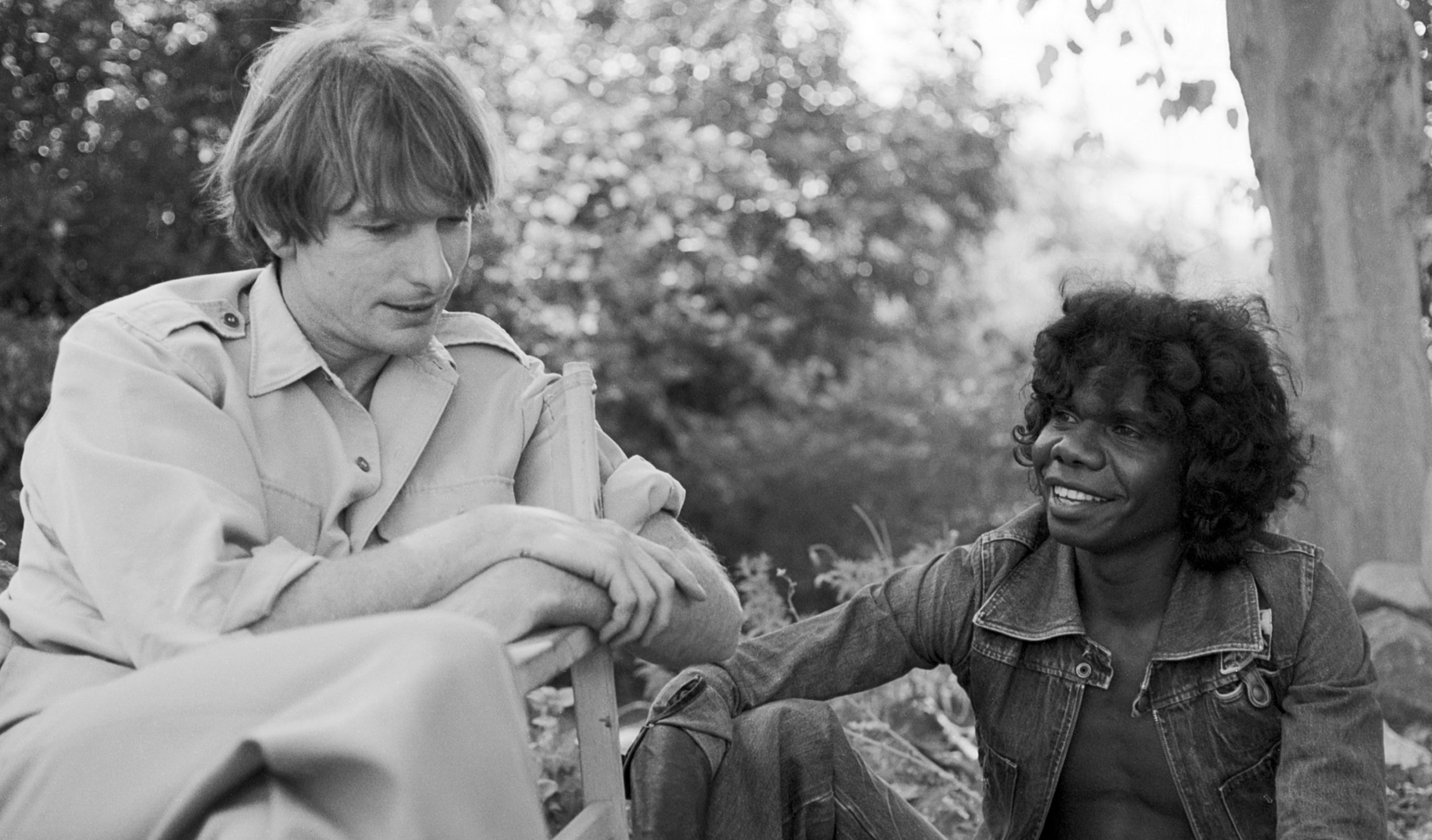 Peter Weir and David Gulpilil on location at Mitcham in 1977 for ’The Last Wave’ - an early film on which Scott Hicks was a crew member. Photo: Scott Hicks
