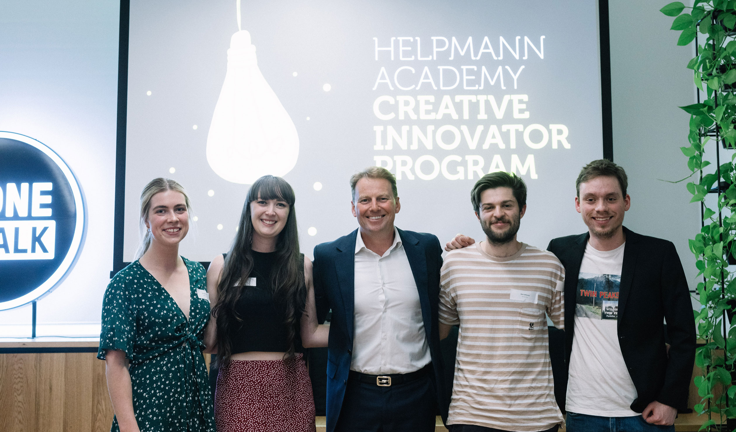 Chief Entrepreneur Andrew Nunn (centre) with emerging entrepreneurs Lily Drummond, Emily Bettison, Alexander Salkicevic and Bryce Kraehenbuehl at the recent Helpmann Academy Creative Innovator Program event. Photo: Thomas McCammon