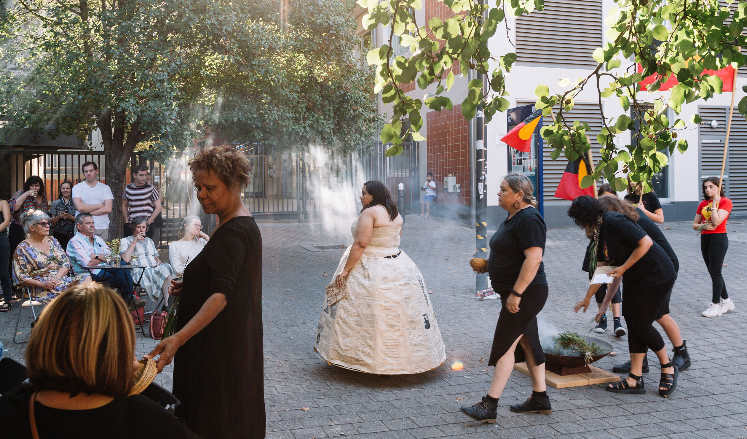 Unbound Collective at the opening of 'The Image is not Nothing (Concrete Archives)' at ACE Open during this year's Adelaide Festival. Unbound Collective's Ali Baker (pictured centre, with bowl) will be part of a Reset panel discussion on centring culture as a civil right. Photo: Thomas McCammon