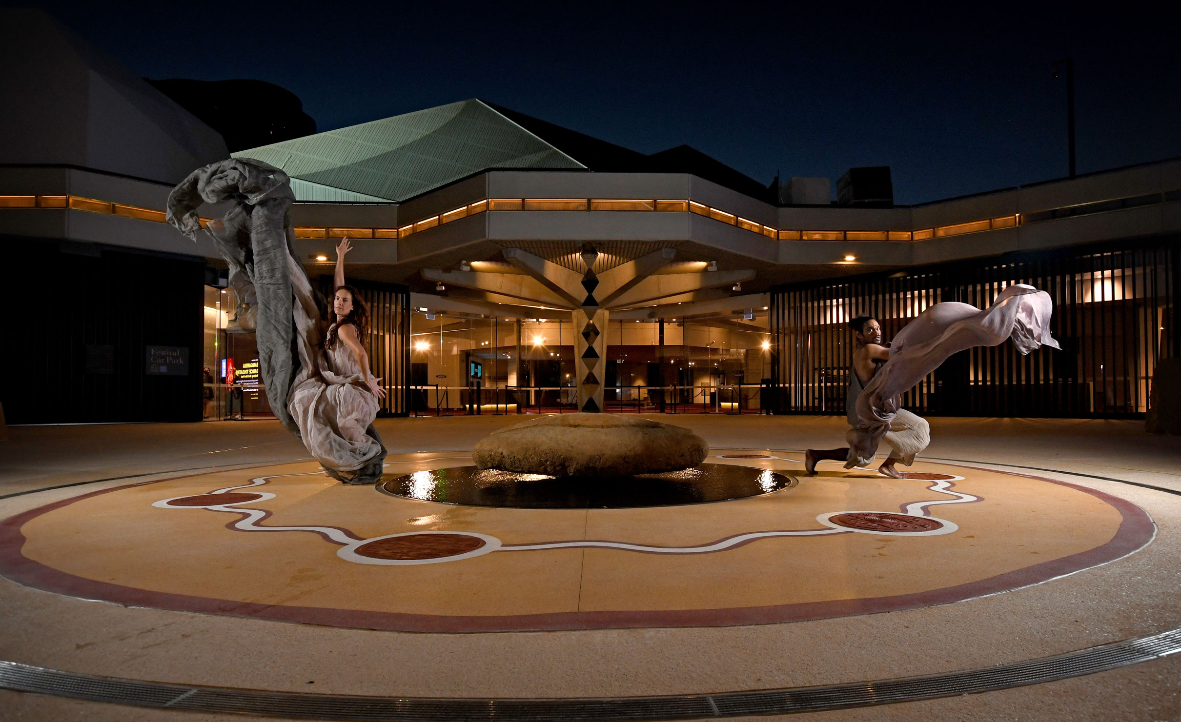 Adrianne Semmens and Kenneth Johnson of Tjarutja Dance Theatre Collective, which will perform at the official unveiling of the Kaurna Reconciliation Sculptures at their new home in front of the Festival Theatre's King William Road entrance. Photo: Naomi Jellicoe