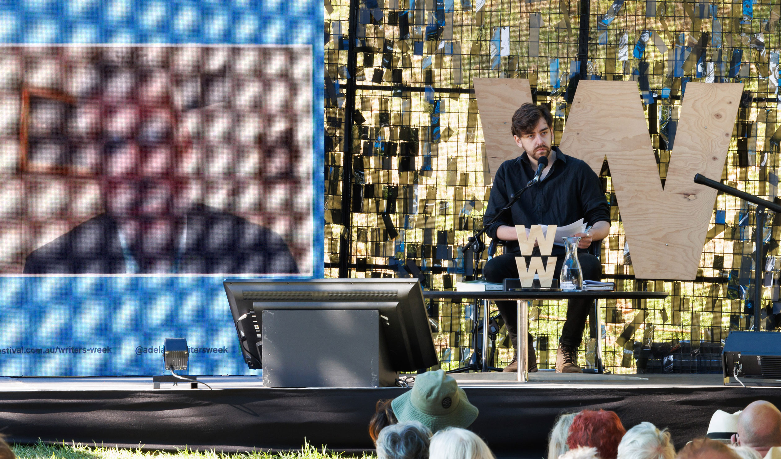 Alec MacGillis speaks via live video link with session chair Royce Kurmelovs at Adelaide Writers' Week on Thursday. Photo: Tony Lewis / InReview
