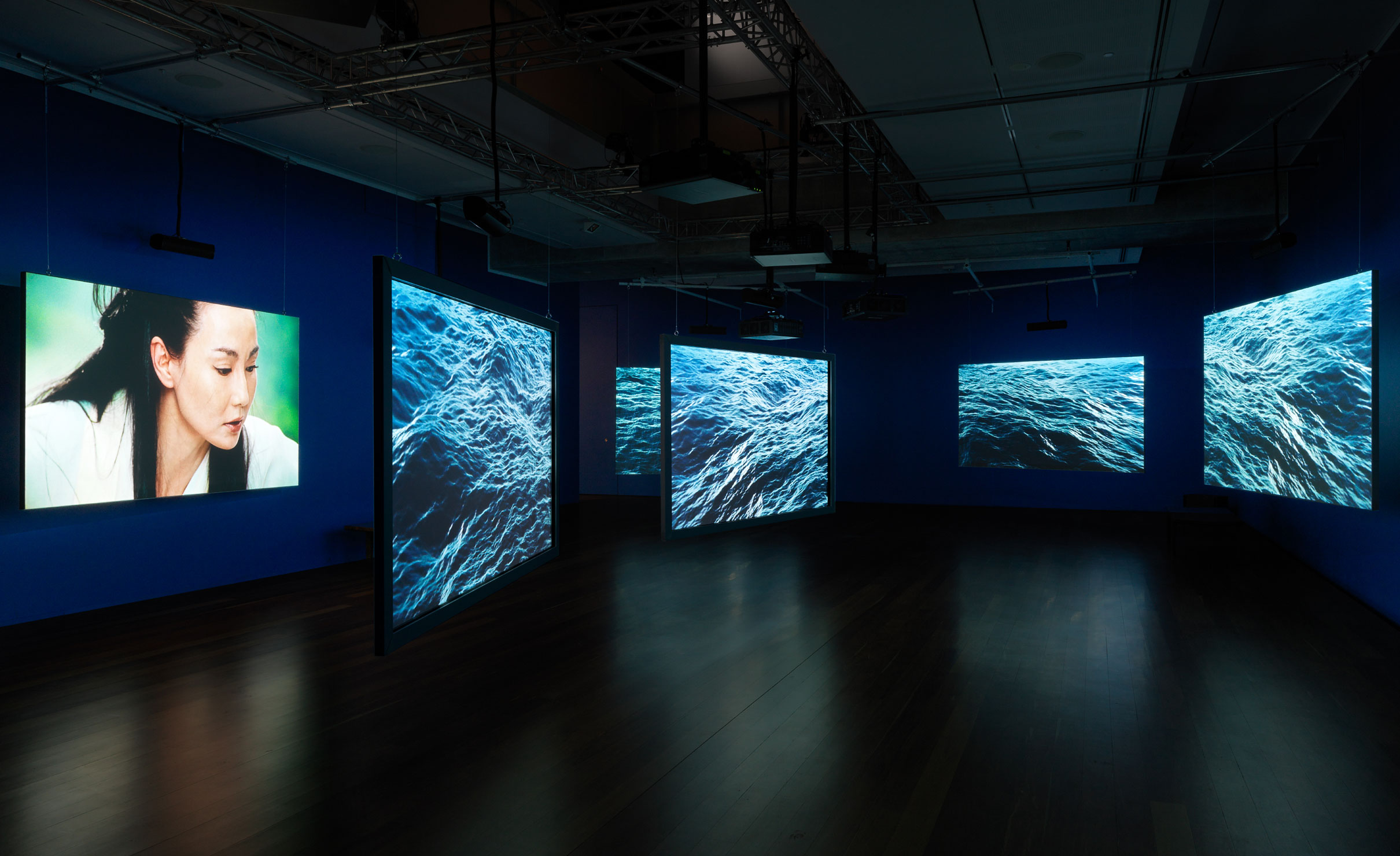 Installation view: 'Ten Thousand Waves', 2010, by Isaac Julien. Samstag Museum of Art for the 2022 Adelaide Festival. Photo: Grant Hancock