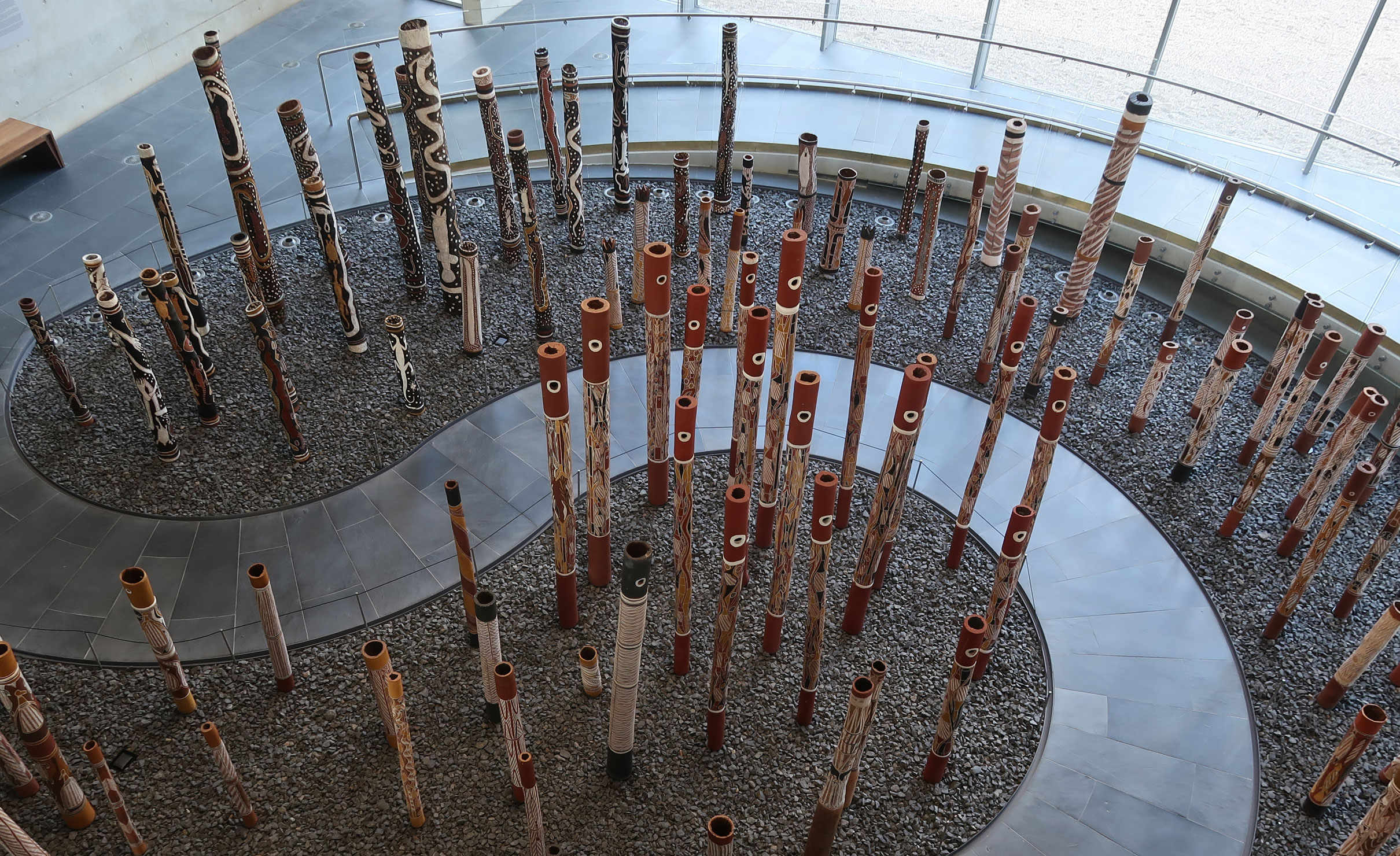The Aboriginal Memorial, conceived by Djon Mundine (Bandjalung people) with 43 artists from Ramingining and surrounding communities in Central Arnhem Land, National Gallery of Australia. Photo: Edwin Schoell