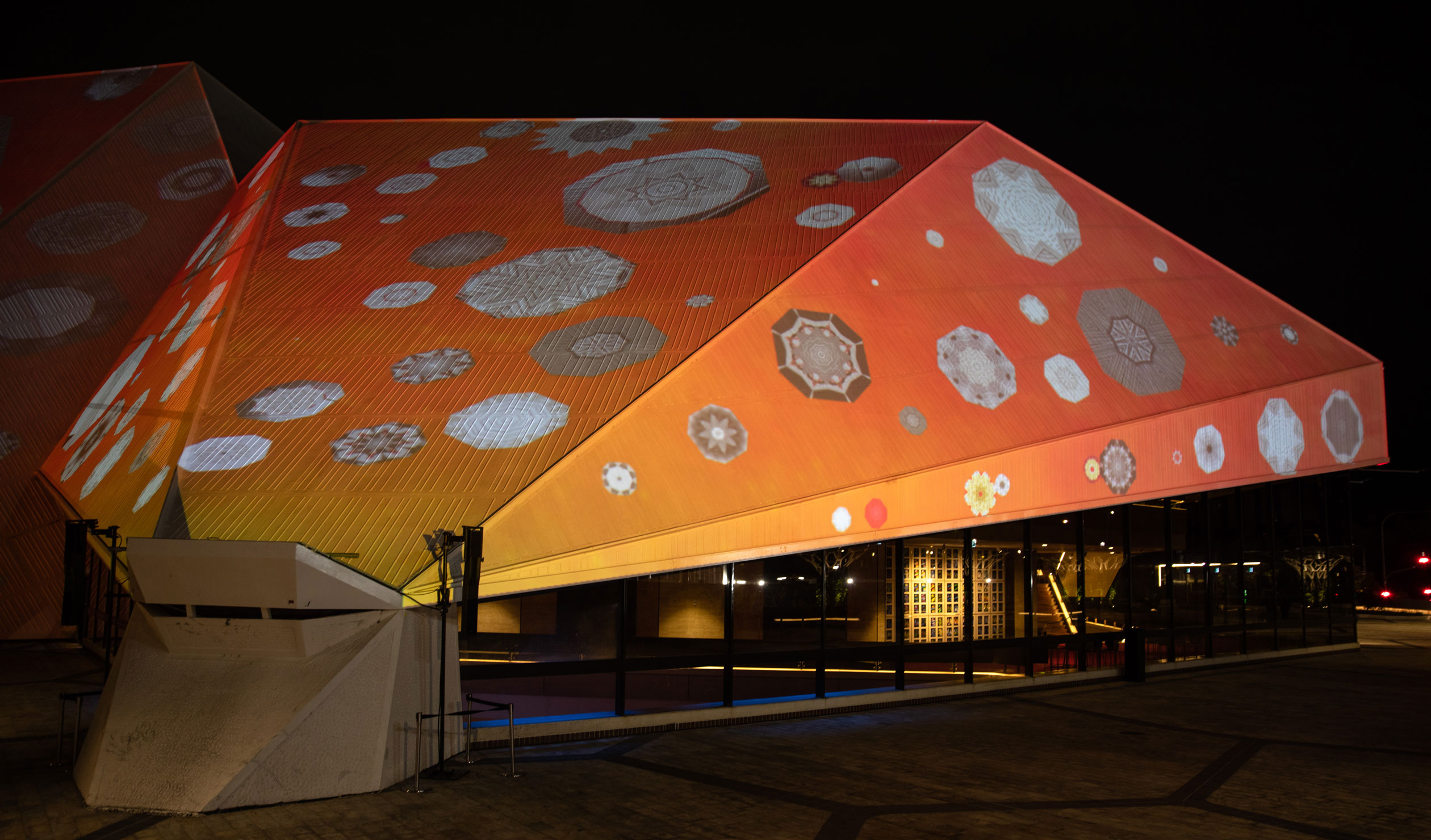 Bridgette Minuzzo's artwork projected onto the Festival Theatre shells. Photo: Simon Rogers 