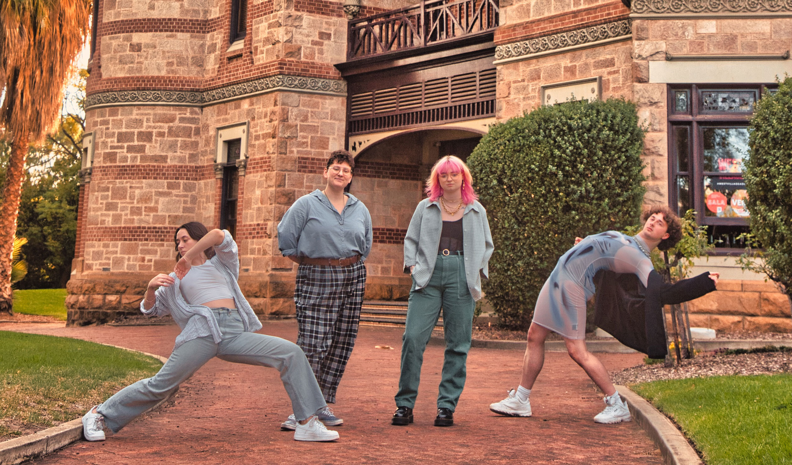 Young artists Beth Mooney, Keira Simmons, Chloe Noble and Alix Kuijpers outside Carclew. Photo: Aaron Finan