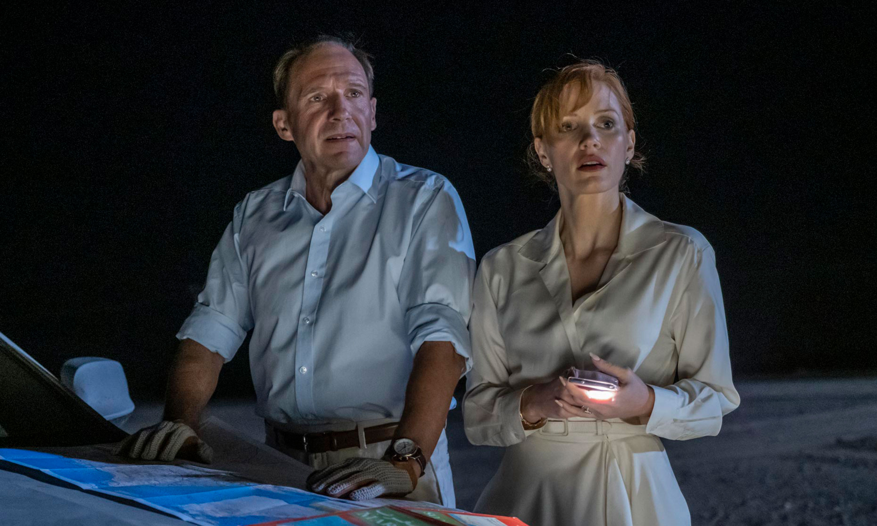 Ralph Fiennes and Jessica Chastain in 'The Forgiven'. Photo: Nick Wall 