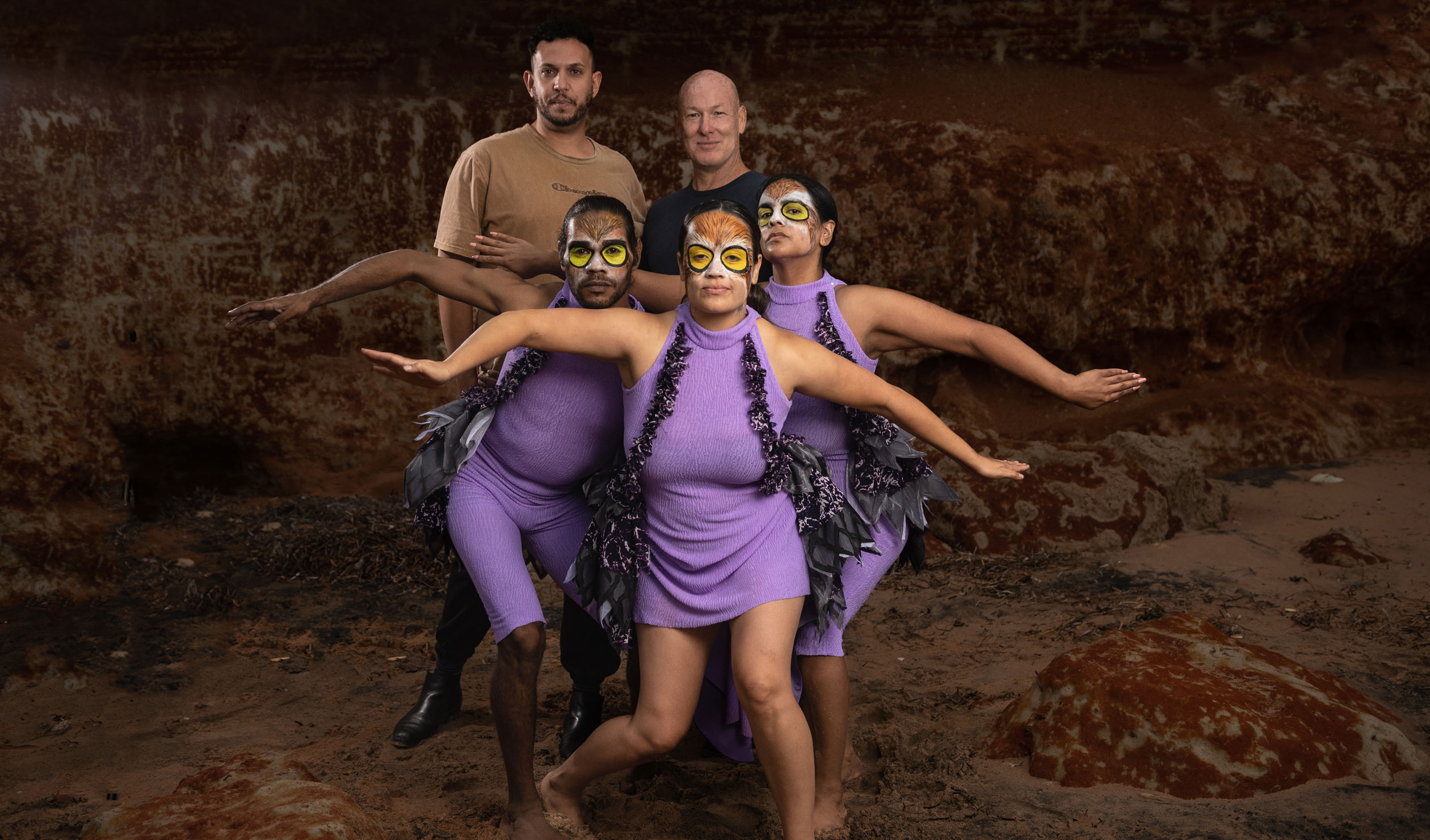 Kaine Sultan-Babij, Jacob Boehme, Kenny Johnson, Melanie Koolmatrie and Caleena Sansbury on the set of the dance film 'Wild Dog Dreaming'. Photo: Colleen Raven