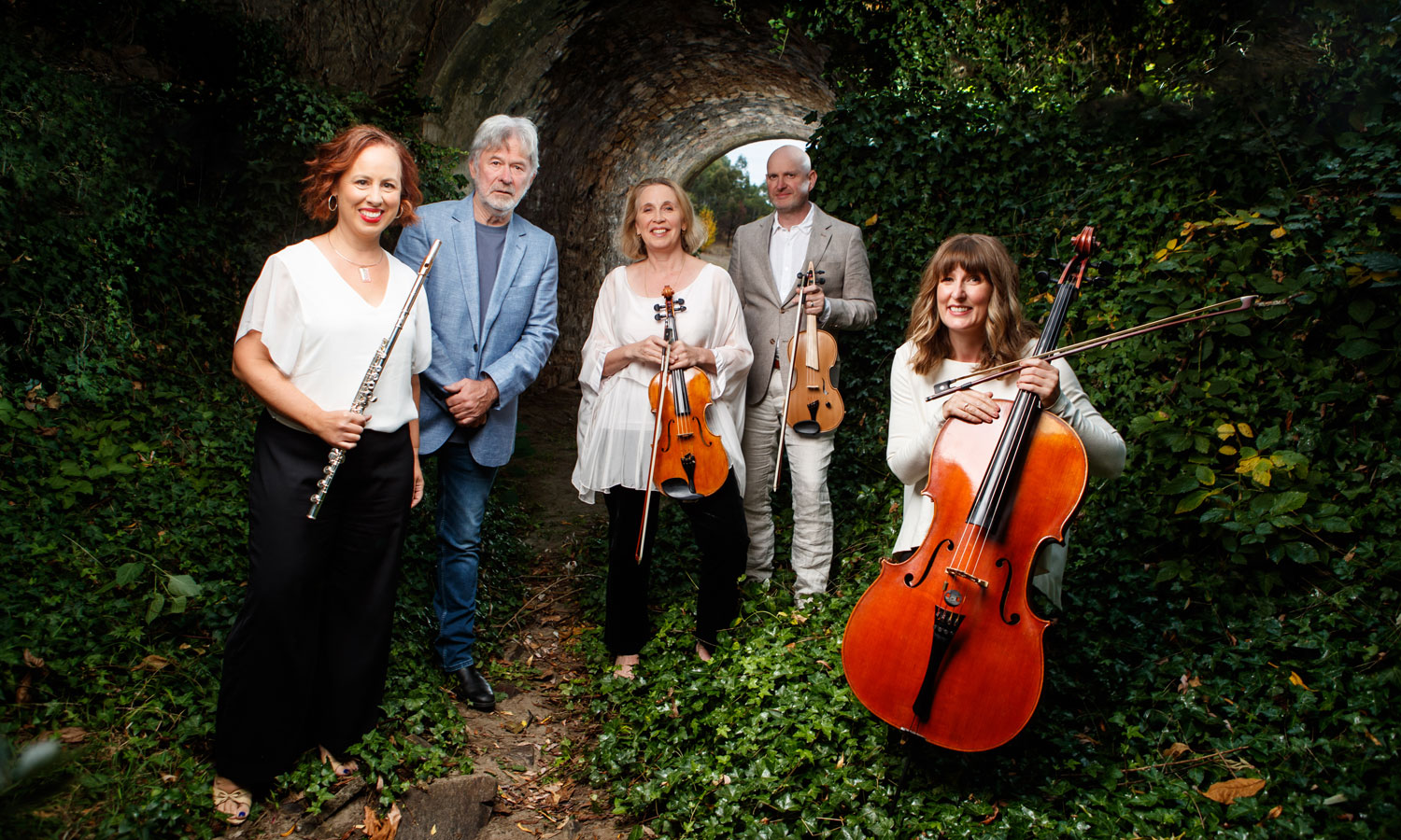 John Schumann with composer Julian Ferraretto and ASO musicians Julia Grenfell (piccolo), Cecily Satchell (viola) and Gemma Phillips (cello). Photo: Matt Turner