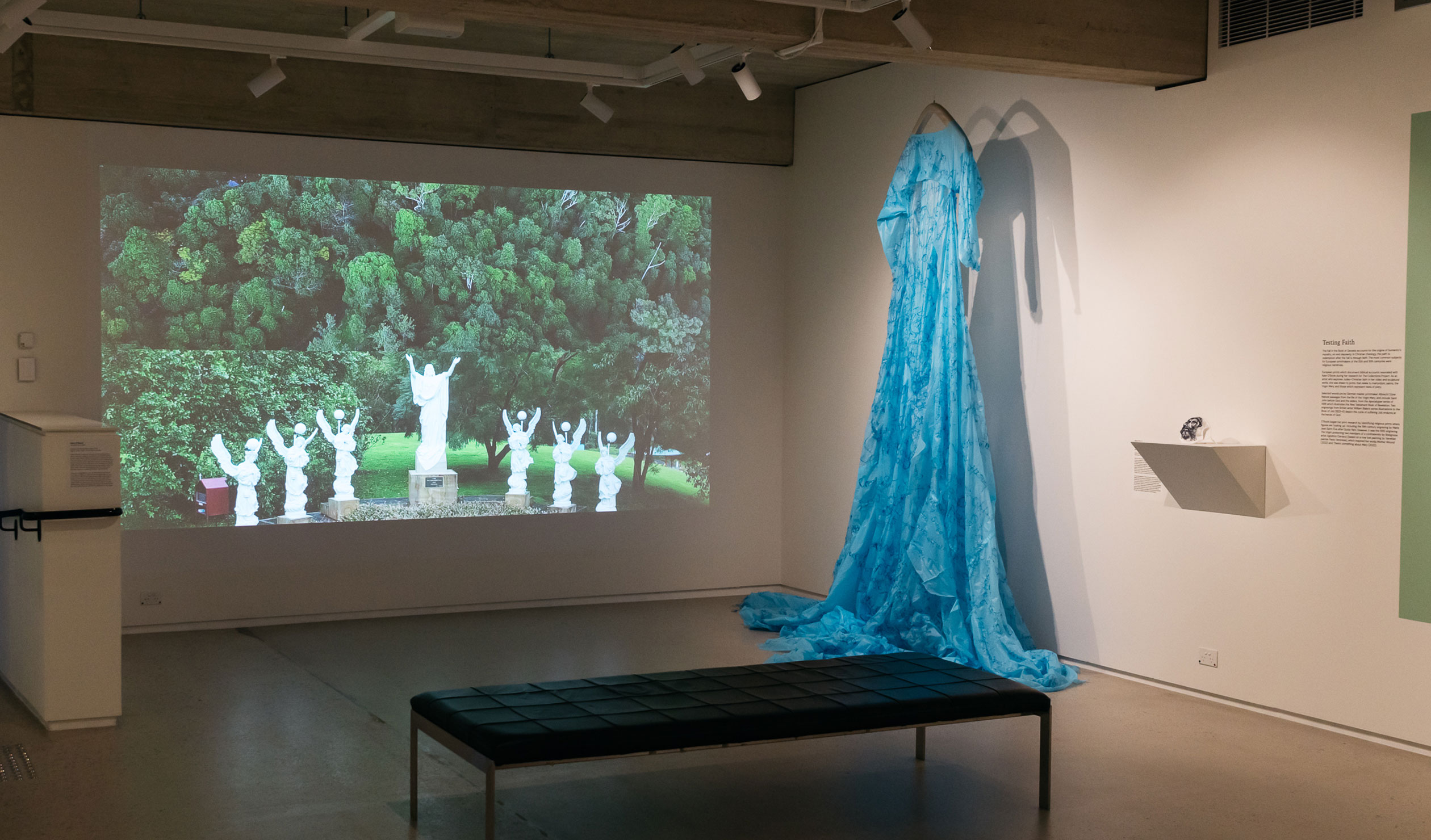 An installation view of 'The Guildhouse Collections Project: After the Fall',  showing Kate O’Boyle's video work, 'There’s Something About Mary', and her sculptural piece, 'Mother wound'. Photo: Sia Duff  