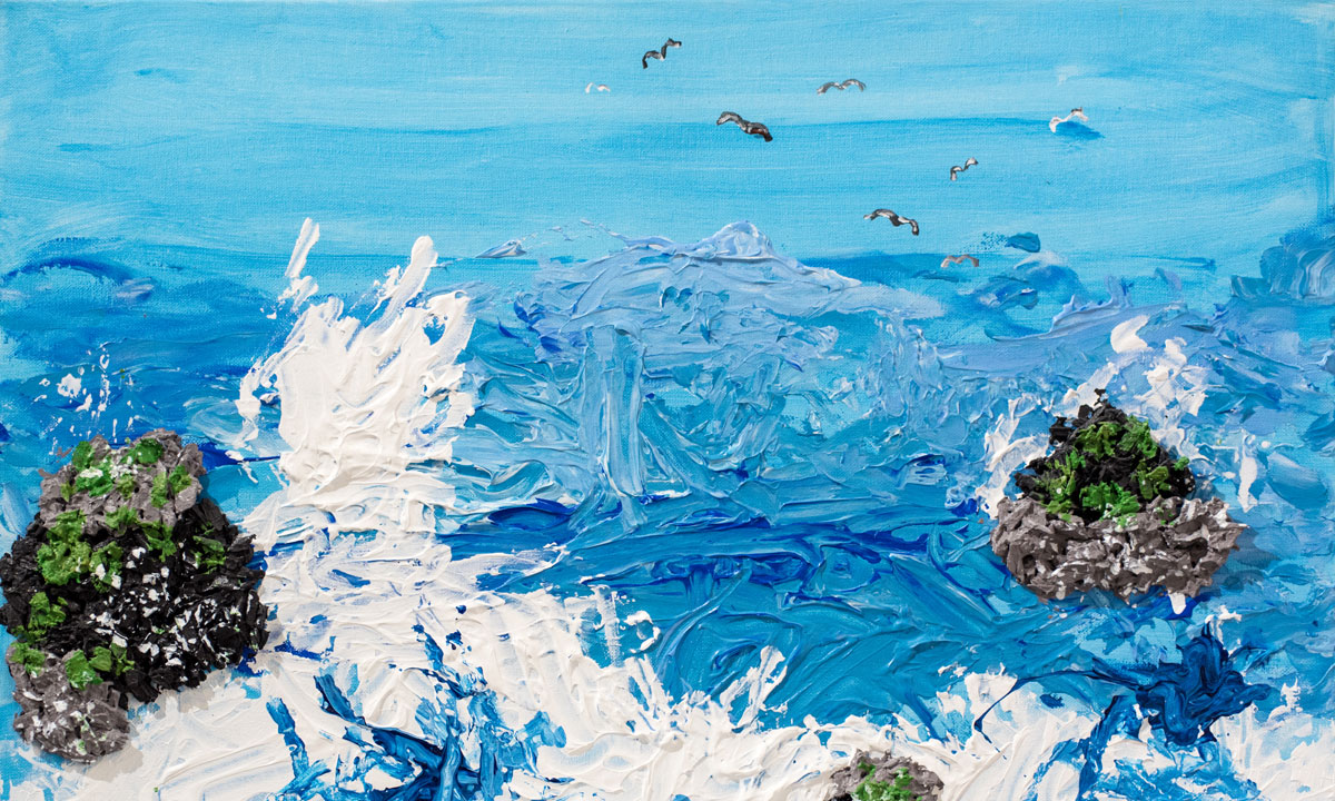 'Seascape' (detail), by Oliver Mills, acrylic paint, texture gel, crushed bark on canvas. (See full painting below.)