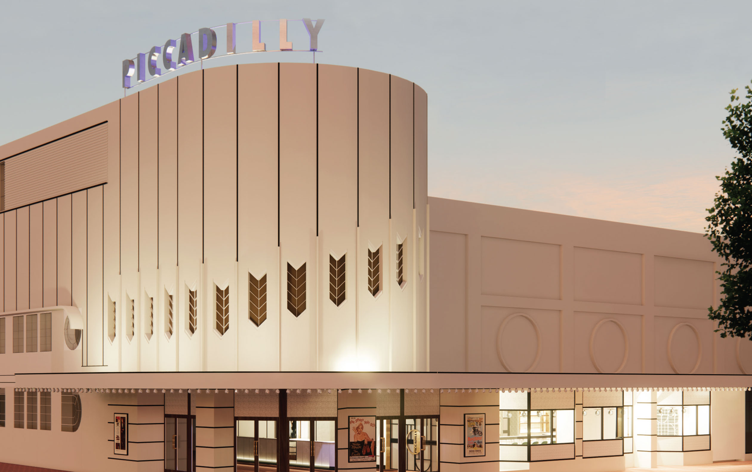 An artist's impression of the renovated Piccadilly Cinema, with a replica of the original sign on top of the building.